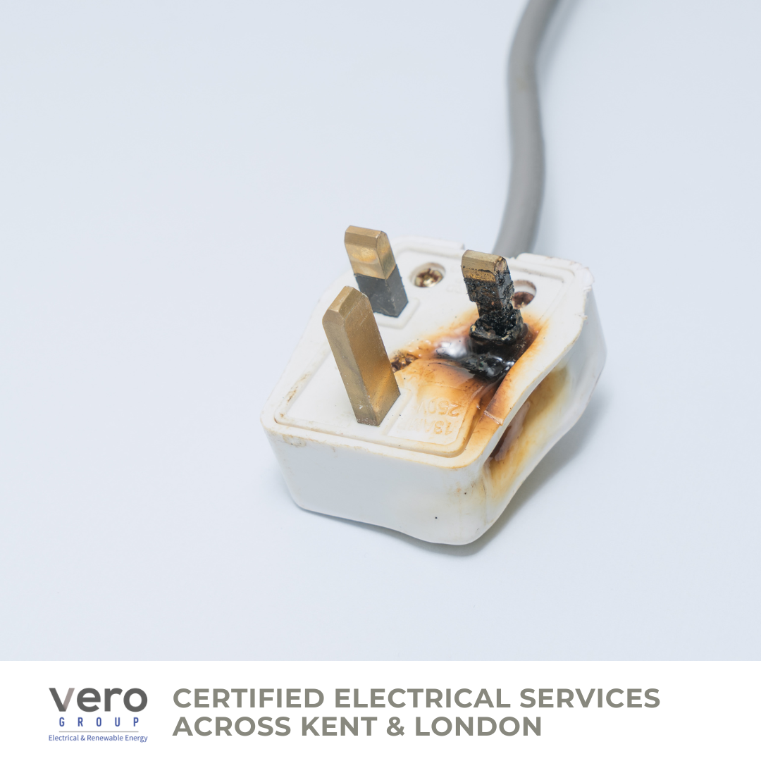 Burnt and damaged electrical plug showing serious warning signs